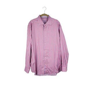 Bugatchi Uomo Flip Convertible Cuff Dress Shirt Pink Blue Grid Mens 17.5 34/35